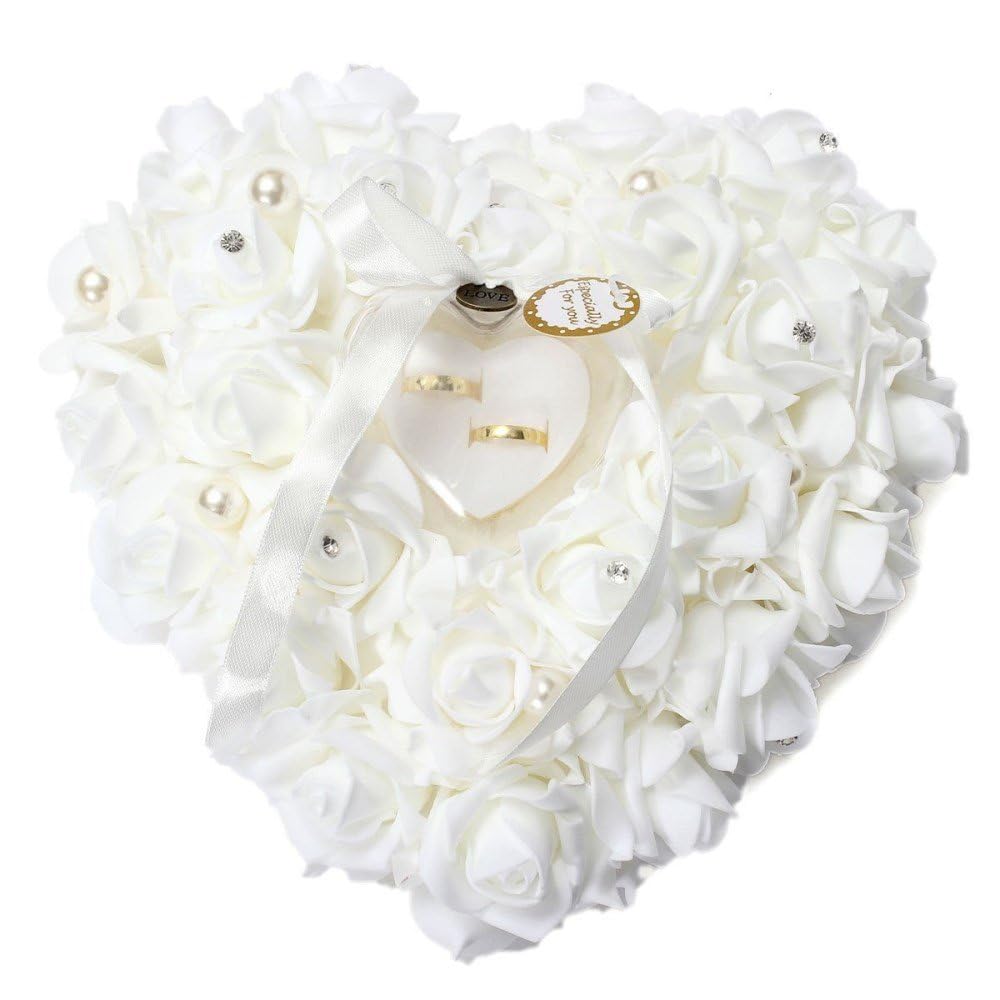 HONEYGIFTS Wedding Ring Pillow, Irovy Ring Bearer Holder Pillows Heart Shape Rose Lace Cushion for Wedding Party Anniversary Ceromony