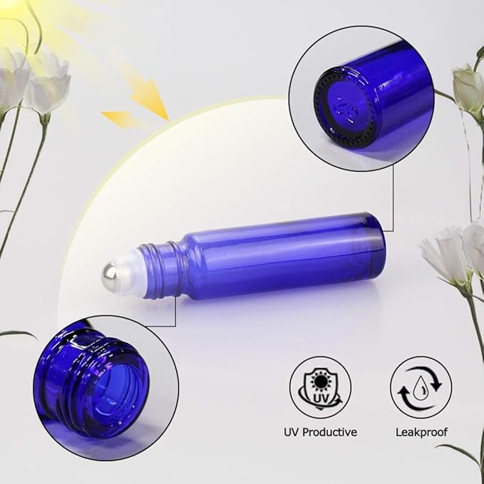 sungwoo 25 Pack Essential Oil Roller Bottles, 10ml Blue Glass Roller Bottles with Stainless Steel Roller Balls and Caps for Travel, Perfume and Lip Gloss