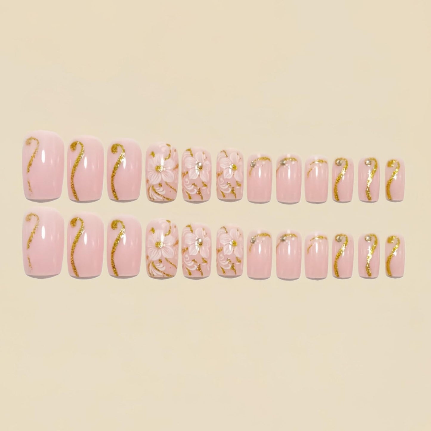 Medium Square Nails Pink Base White Floral Patterns Gold Foil Stripes White Bare Diamonds Decorations Glue on Nails Glossy Surface Fashion Style Manicure Artificial Nails Spring Vibe 24 Pcs