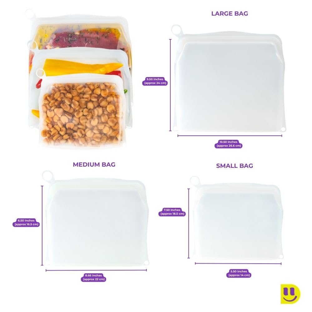DETOIITO [3 Pack] Reusable Silicone Bags + Measuring Spoons Set - Large, Medium, Small Stand Up Food Storage - Leakproof, BPA Free, Dishwasher & Microwave Safe. Thoughtful Mother's Day Kitchen Gift