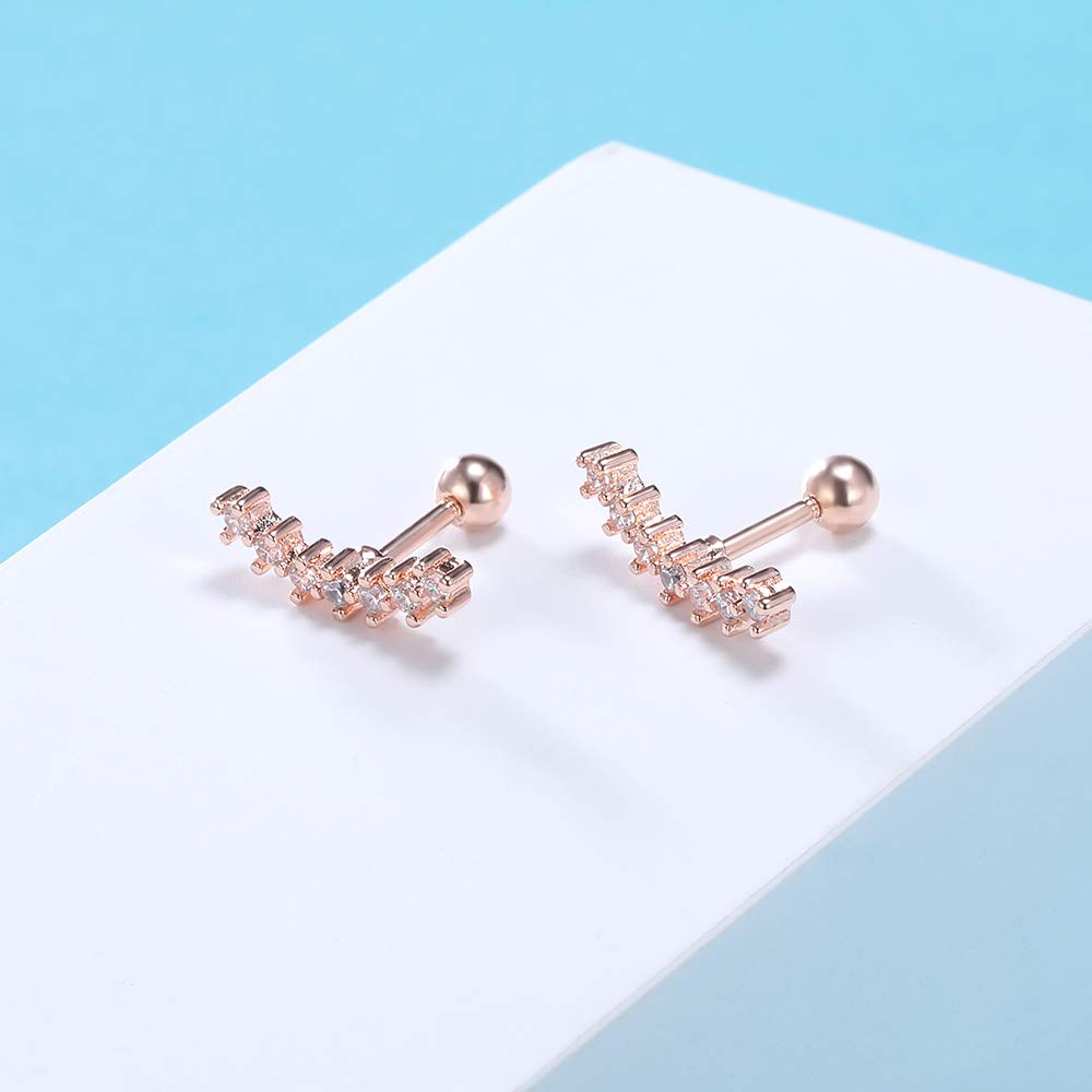 ZS Curve Seven Stud CZ Stud Earrings 316L Stainless Steel Ear Helix Conch Cartilage Piercing (Rose Gold)