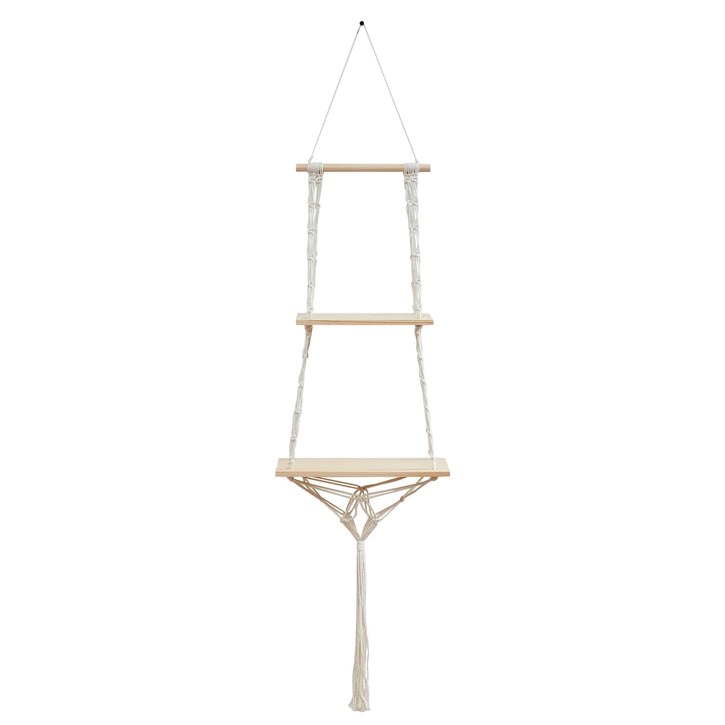 YYHTYZ 2 Tier Wooden Hanging Shelf, Boho Hand-Woven Cotton Wall Hanging Rack, Solid Wood Board, Featuring a Storage Net at the Bottom, Designed for Wall Mounting, Hanging Storage Shelves