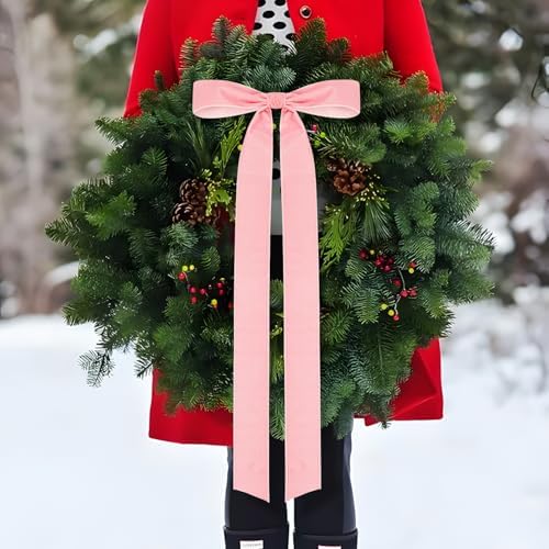Velvet Bows for Christmas Tree Pack of 4 Large Rustic Crafts Gift Wreath Bow Ornaments for Xmas Topper Staircase Home Wedding Outdoor Interior Decor, 2" Width, 23 x 8.7 Inch (4, Pink)