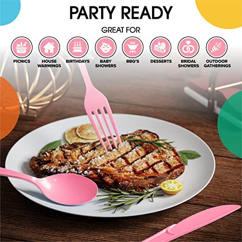 Party Solids Pink Plastic Forks 200 Pieces Pink Forks Disposable Utensils Heavy Duty Plastic Cutlery Set Disposable Cutlery Sets Flatware Sets Silverware Set Party Supplies & Party Tableware - color: Pink