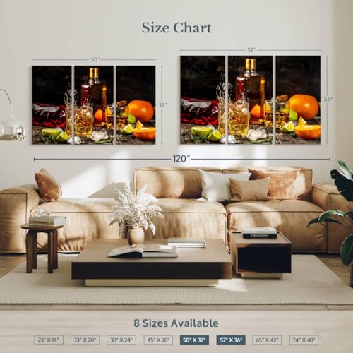 ElephantStock - Citrus Whiskey And Cigar Wall Art - Horizontal Multi Panel Canvas - 3 Piece Living Room Wall Decor - Photography Food And Drink Multi Piece Wall Art - Brown And Gray Decor - 57" x 36" - size: 57"L x 36"W