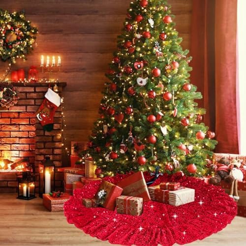 Red Tree Skirt 45 Inch Sequin Christmas Tree Skirt Ruffle
