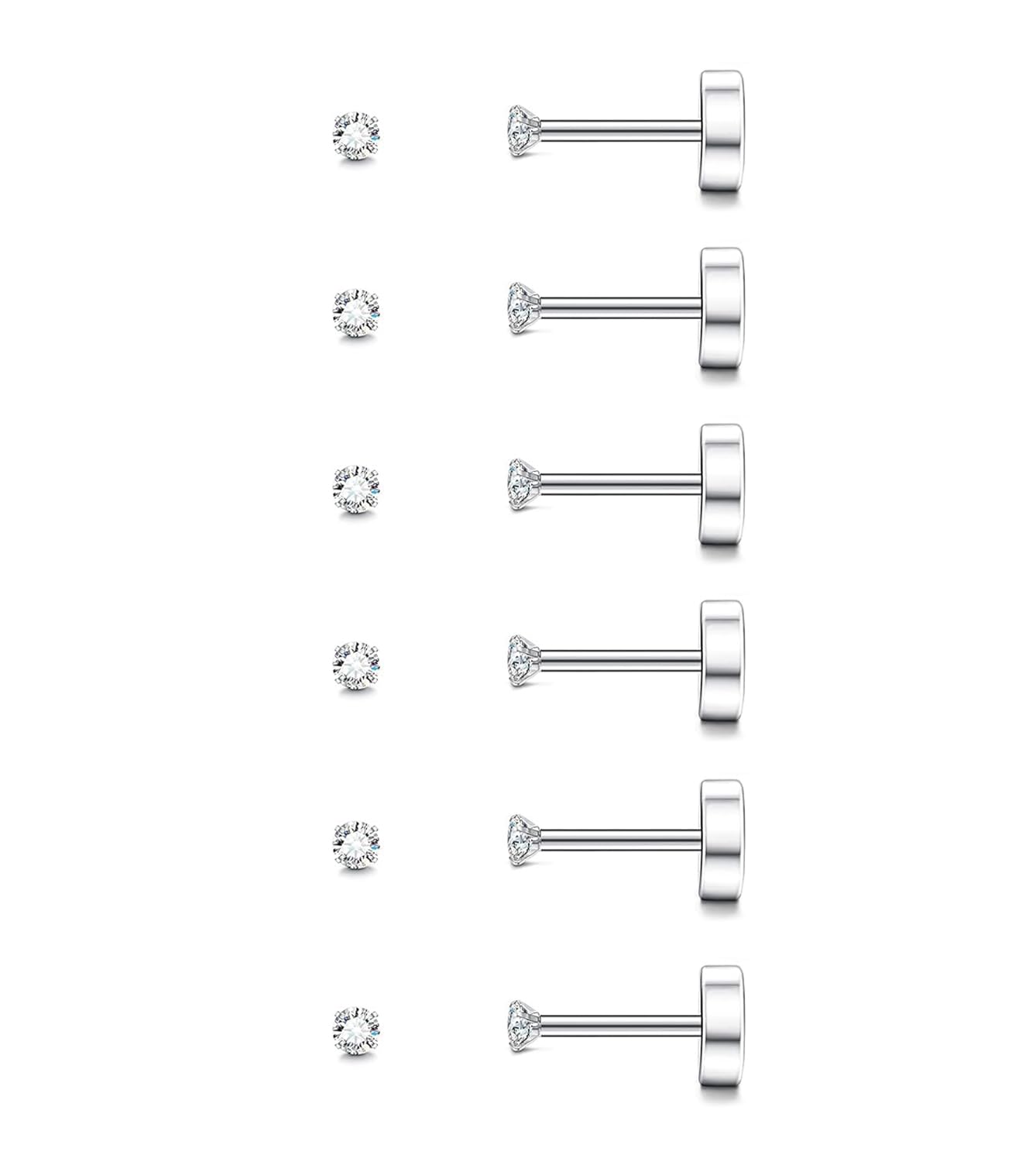 6 Pairs Silver 2mm Tiny Flat Back Earrings for Women Men, Surgical Steel 20G Small Stack Round Cubic Zirconia Earrings for Multiple Piercing, Hypoallergenic Piercing Studs for Sensitive Ears