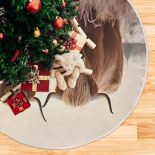 Cool Highland Cow Christmas Tree Skirt Home Festive Holiday Halloween Decoration Large Round Tree Skirt 47.2 Inches