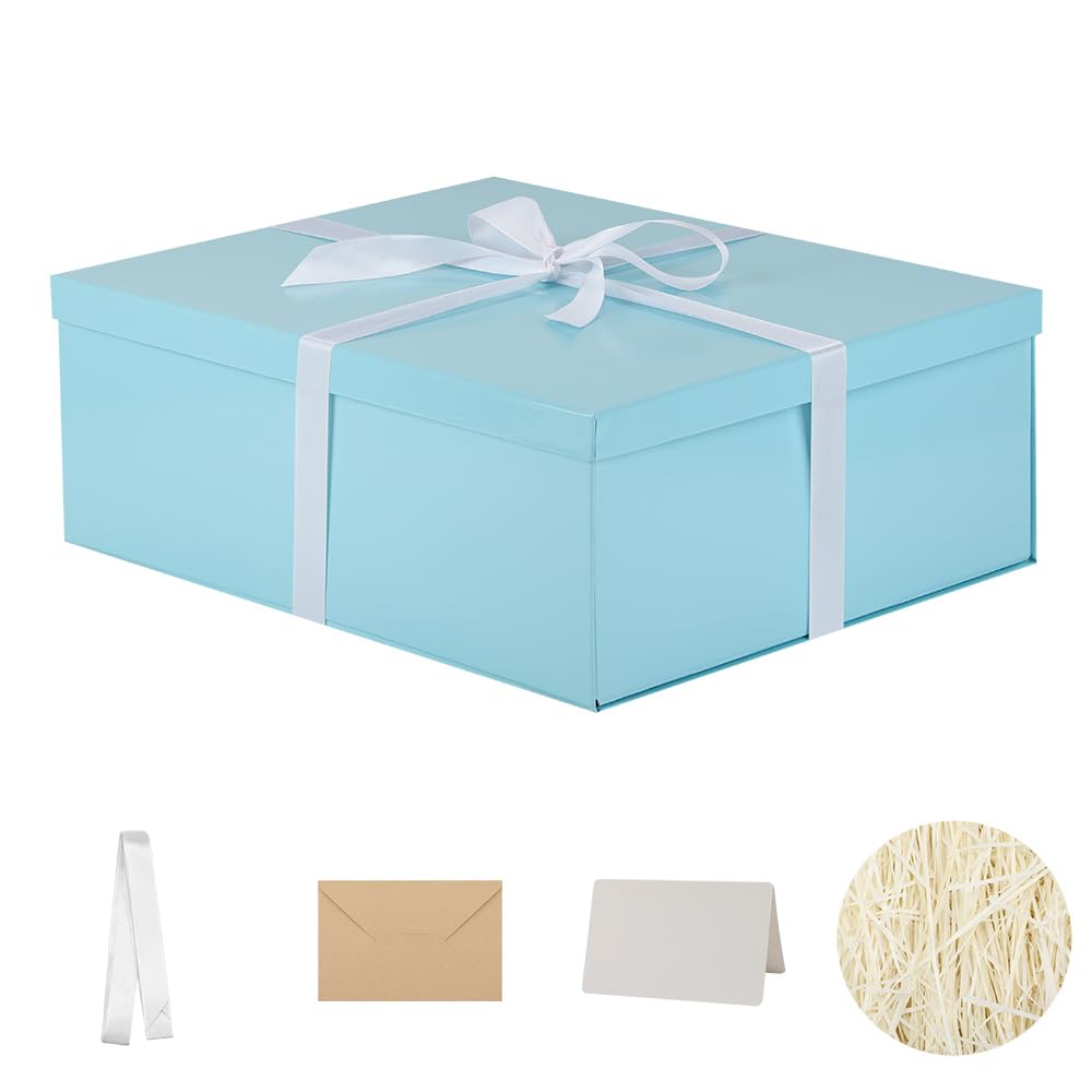 Extra Large Gift Box with Lid 17x13x6 Inches, Blue Gift Boxes for presents Packaging for Birthdays, Valentine's Day, Christmas, Anniversaries (Include Shredded Paper Fill, Envelope Card Ribbon)
