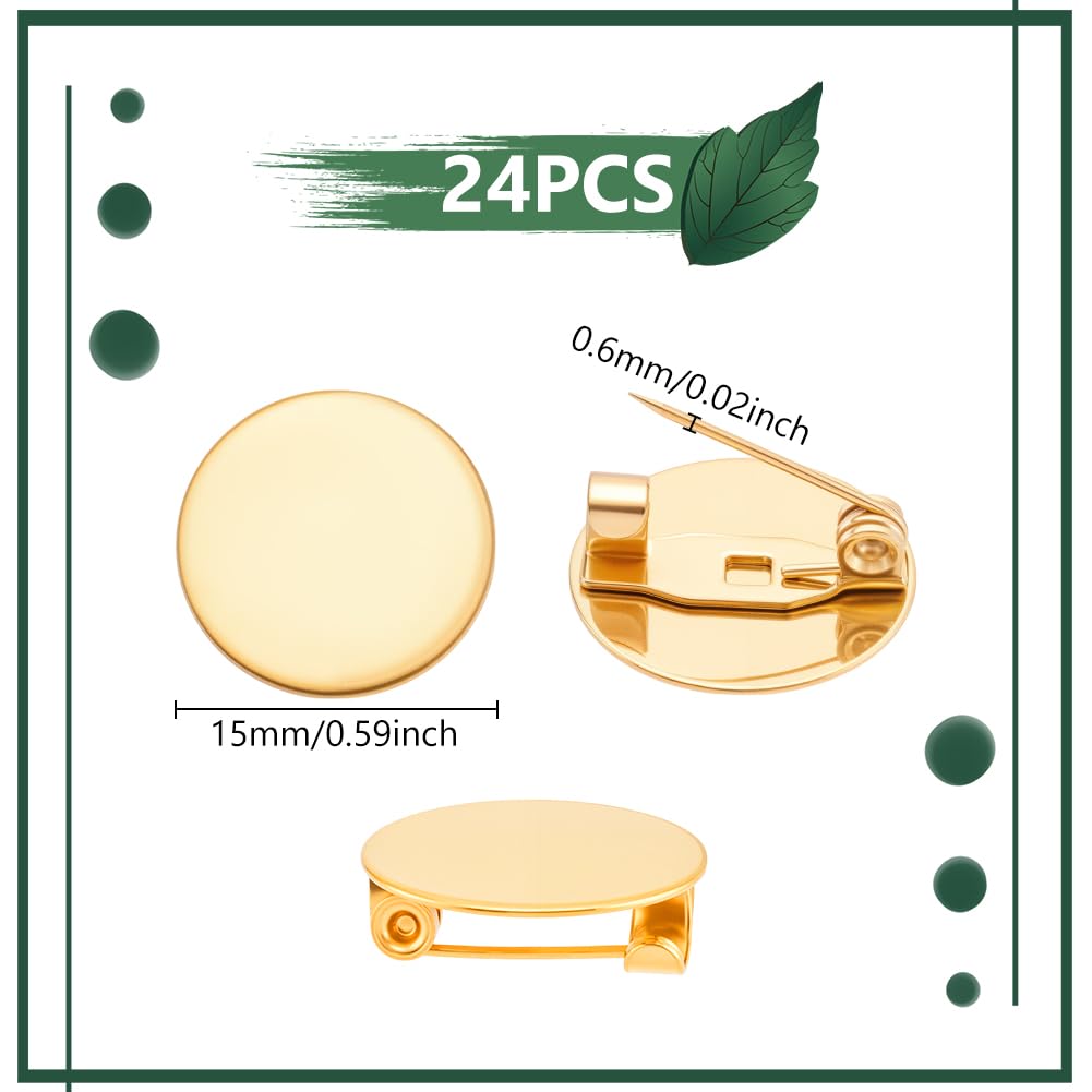UNICRAFTALE 24Pcs 18K Gold Plated Flat Brooch Base Pad Trays 15mm Stainless Steel Brooch Clasps Pin Back Metal Safety Pin Disk Base Brooches Settings for Craft Jewelry Making Accessories