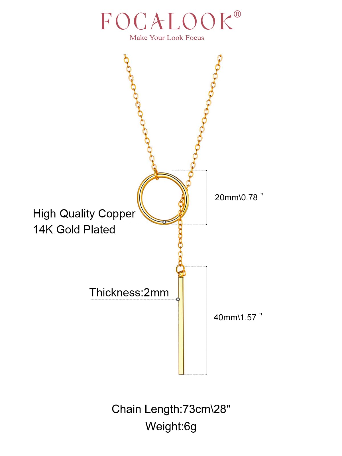 FOCALOOK Long Gold Necklaces for Women Custom Personalized Drop Bar Pendant Lariat Necklace 28inch/73cm