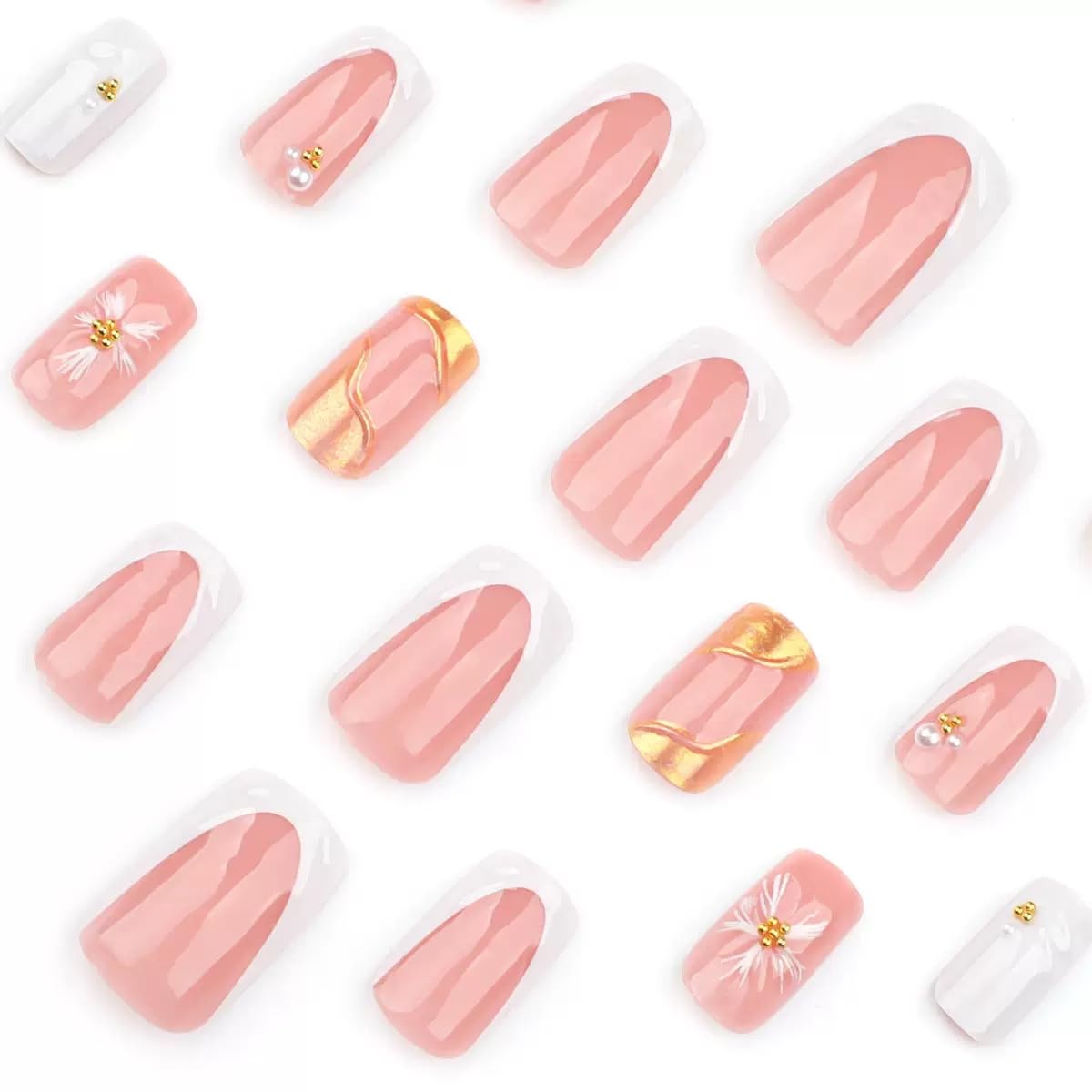 Square Press on Nails Medium - White French Tip Fake Nails with 3D Flower Wave Design- Elegant Full Cover Stick on False Nails for Women - 24 Pcs