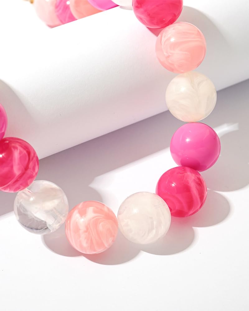 FAUTHENTICUTE Chunky Pink Necklace for Women Large Pink Tone Beaded Necklace With Adjustable Extender Chain Cute Bead Choker Statment Boho Summer Beach Jewelry
