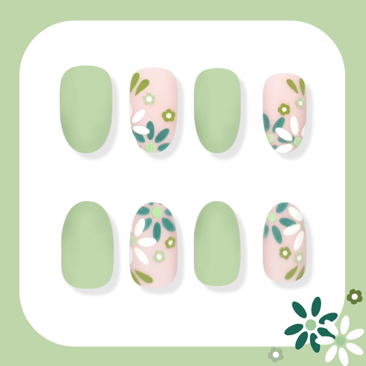 Matte Green Press on Nails Medium Oval Fake Nails Spring Nails Press ons with Cute Flower Design, Reusable Artificial Nail Full Cover Stick on Nails for Women Manicure 24Pcs