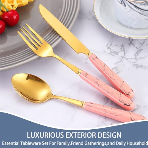 24 Pieces Flatware Set, Stainless Steel Cutlery Set with Silverware Holder, Modern Gold Silverware Set Includes Dinner Knives Forks Spoons,Hanging Silverware Set Service for 6 (Pink Gold) - color: Pink Gold