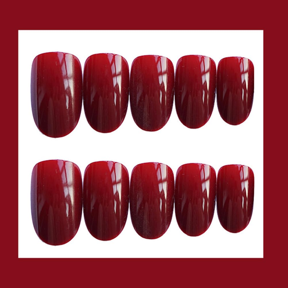 RUPOFUZA Red Almond Press on False Nails Medium Round 24pcs Solid Colour Red Designs Acrylic Nail Press ons Artificial Nail Stick on Nails for Women