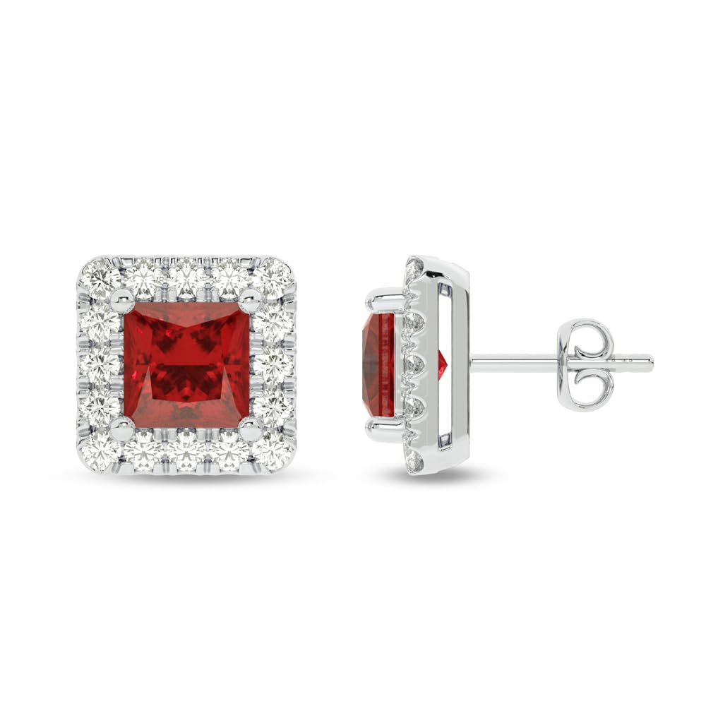 Diamond and Ruby Stud Earrings for Women | 10KT Pure White Gold Halo Earrings | 3/8 CT. TW Lab Grown Diamond and 1 1/4 CTTW Princess Cut Lab Created Ruby Earrings