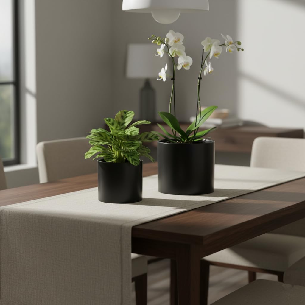 Nihow Flower Pot - 5 & 7 Inch Ceramic Planter Pots for Indoor Plants - Herbs/Snake/Succulent/Orchid Cylinder Plant Pot - Matte Black (Set of 2) - Plants not Included