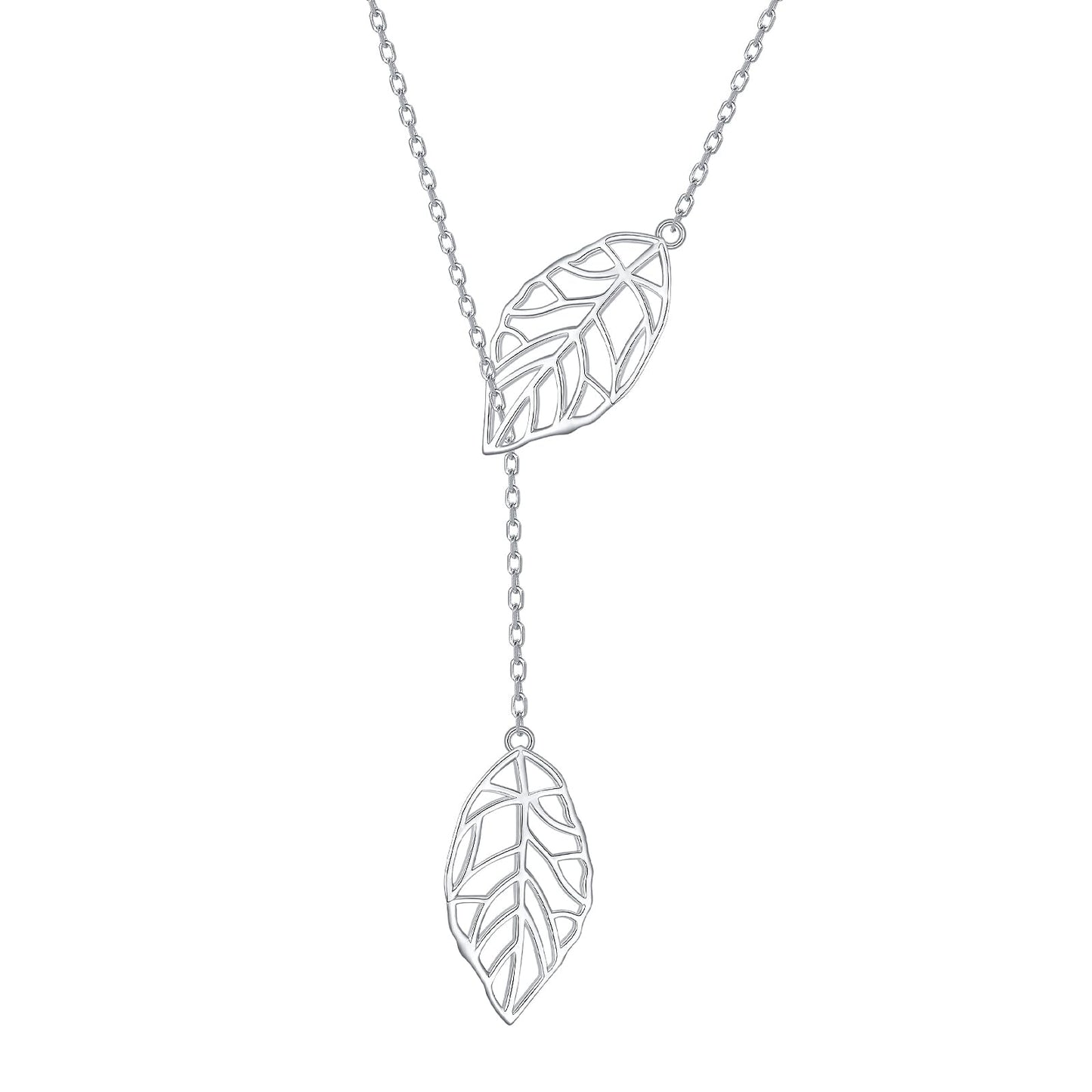 DAOCHONG Long Necklace Sterling Silver Leaf Larait Bar Y Lariat Long Chain Drop Adjustable Necklace for Her, 30"