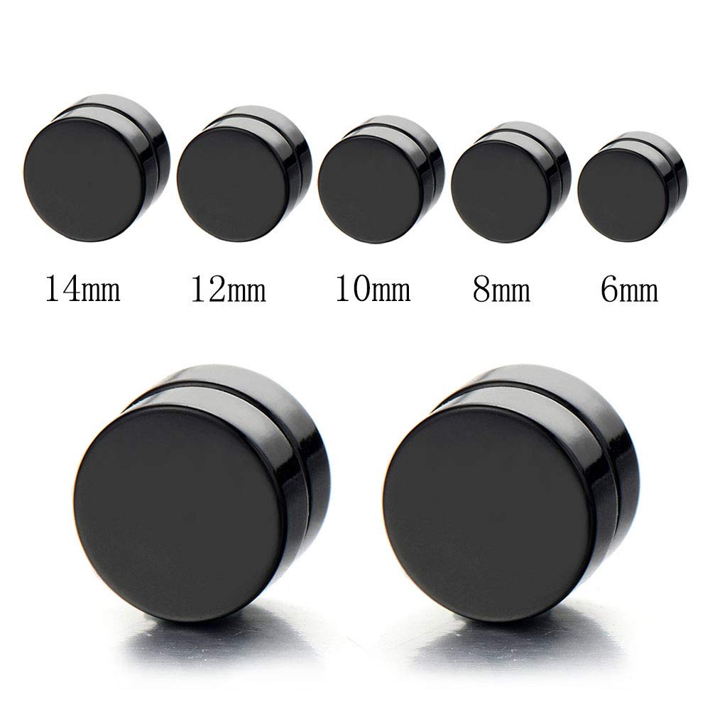 2pcs Men Women 12MM Magnetic Black Circle Stud Earrings, Non-Piercing Clip On Cheater Fake Ear Gauges