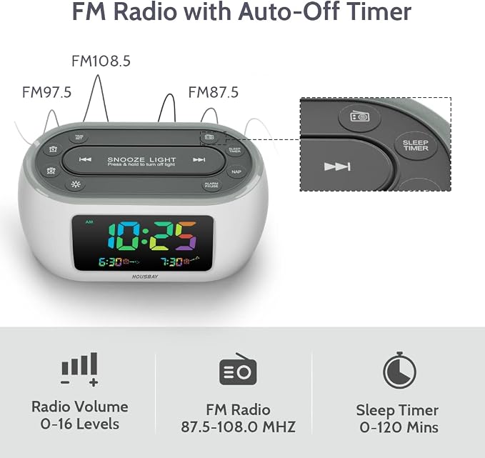 HOUSBAY Glow Small Colorful Alarm Clock Radio with Rainbow Digit, 7 Color Night Light with ON/Off Options, Dual Alarm, Dimmer, FM Radio with SleepTimer for Bedrooms