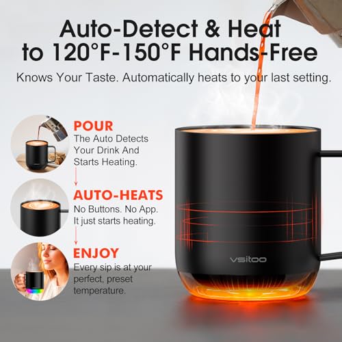 Vsitoo S6 Plus Smart Coffee Mug, 12oz,Temperature Controlled Mug & Electric Coffee Mug with Music Sync Lights，Auto-Sensing AI Heats Drinks to 120-150°F Hands-Free. Ideal for Home/Office/Gifts - Black - color: Black