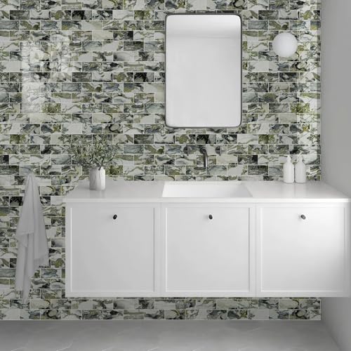 Vamos Tile 100-Piece Glossy Ice Green Peel and Stick Backsplash Tile,3''x6'' PVC Subway Tile with White Grout,Stick on Backsplash for Kitchen/Bathroom/Fireplace - color: Ice Green