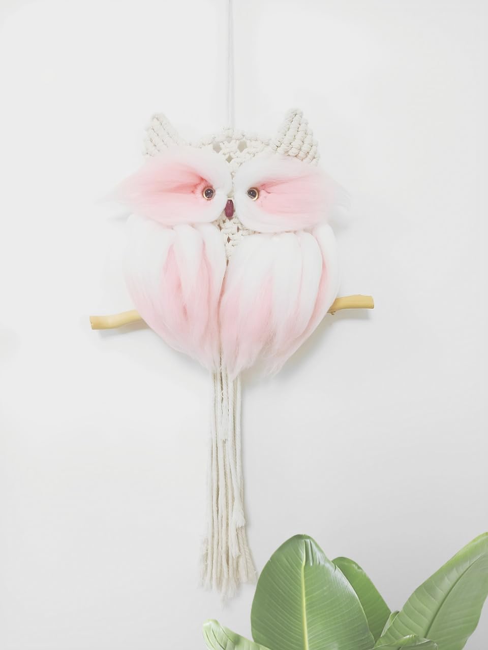 Owl Macrame Wall Art, Boho Nursery Decor Hand Woven Owl Macrame Wall Hanging, Home Decoration for Living Room Office Bedroom (Pink, 34" x 11")
