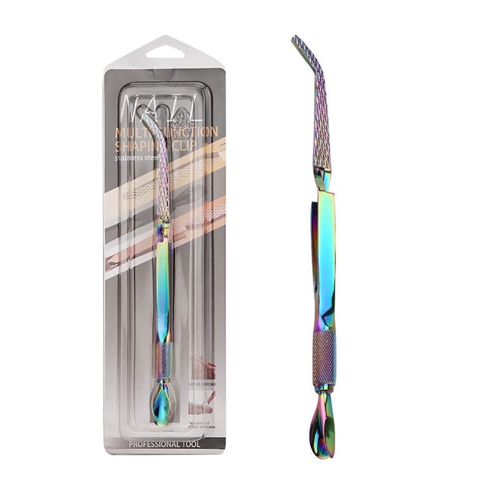 SILPECWEE 2Pcs Nail Pinching Tool C Curve Nail Extension Clips Rainbow Metal Cuticle Pusher Nail Scraper Gel Nail Polish Remover False Nails Shaping Tweezers Multi-Function Manicure Tools