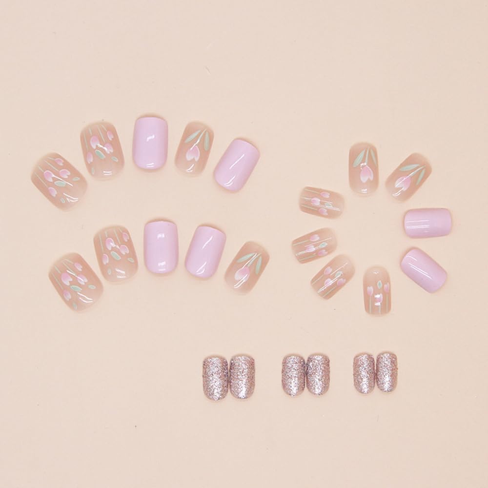 24Pcs Purple Flower Press on Nails Short Tulip Floral Square Fake Nails with Glitter Summer Exquisite Designs Pink Full Cover Glue on Nails Acrylic False Nails for Women Manicure Tips Decorations