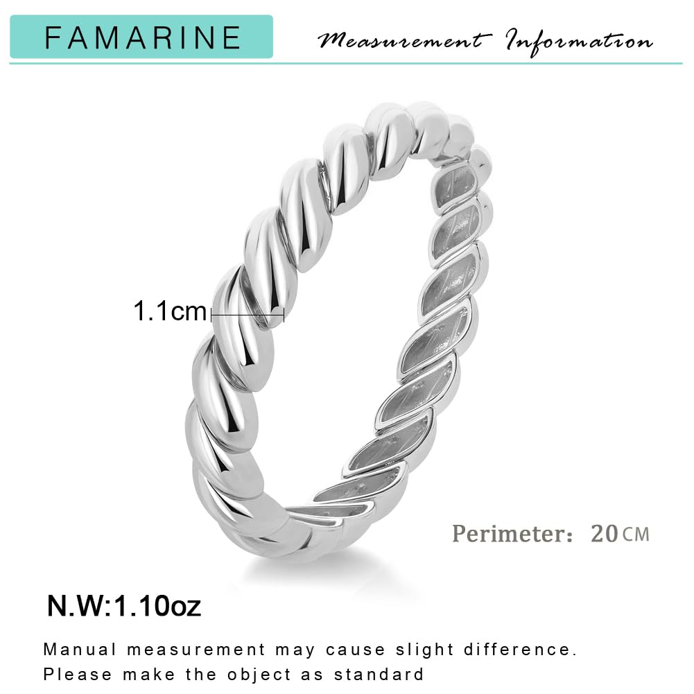 FAMARINE Silver Chunky Bracelet Twisted Bangle Bracelet for Women, Minimalist Wide Charm Bangle Bracelets