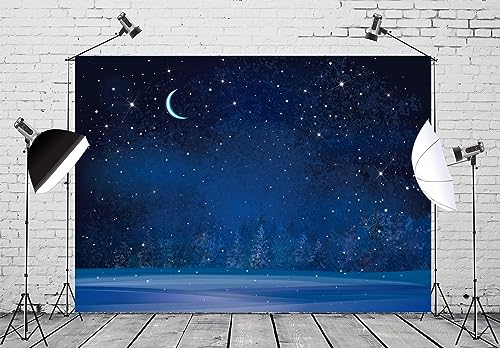 BELECO 12x8ft Fabric Winter Wonderland Night Snowfall Backdrop Blue Starry Sky Moon Stars Snowflakes Fir Trees Pine Forest Snow Scene Background Christmas New Year Party Decoration Photo Studio Props - size: 12x8FT