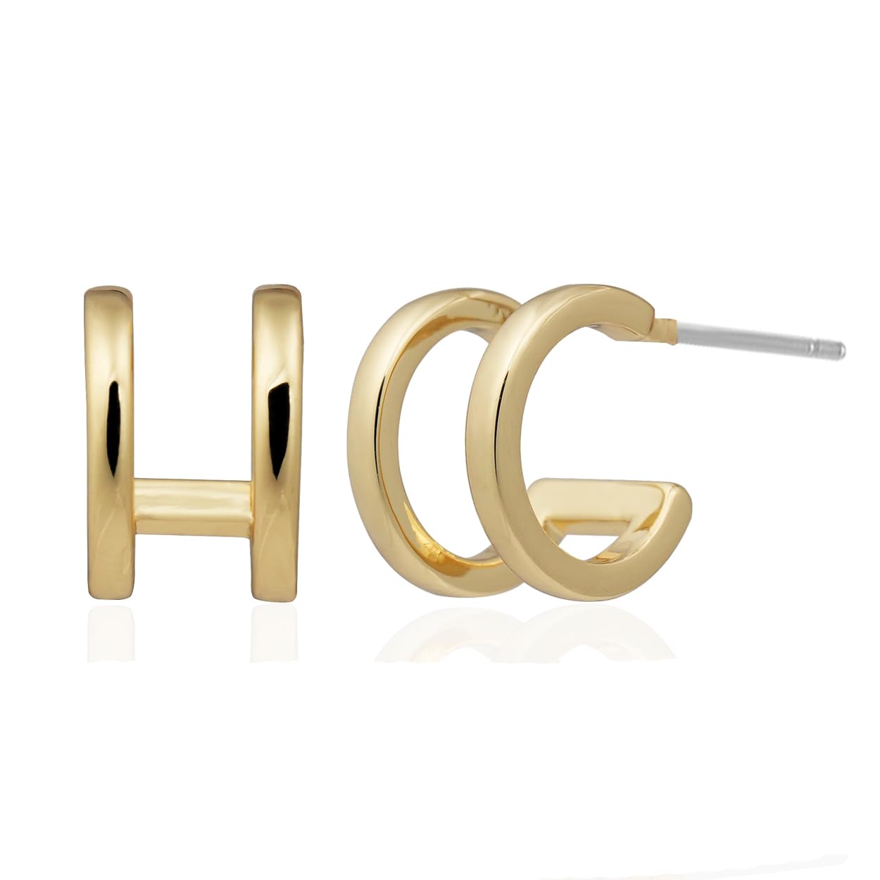 Obidos 14K Gold Plated Double Huggie Hoop Earrings for One Hole | Illusion Stud Earrings for Women
