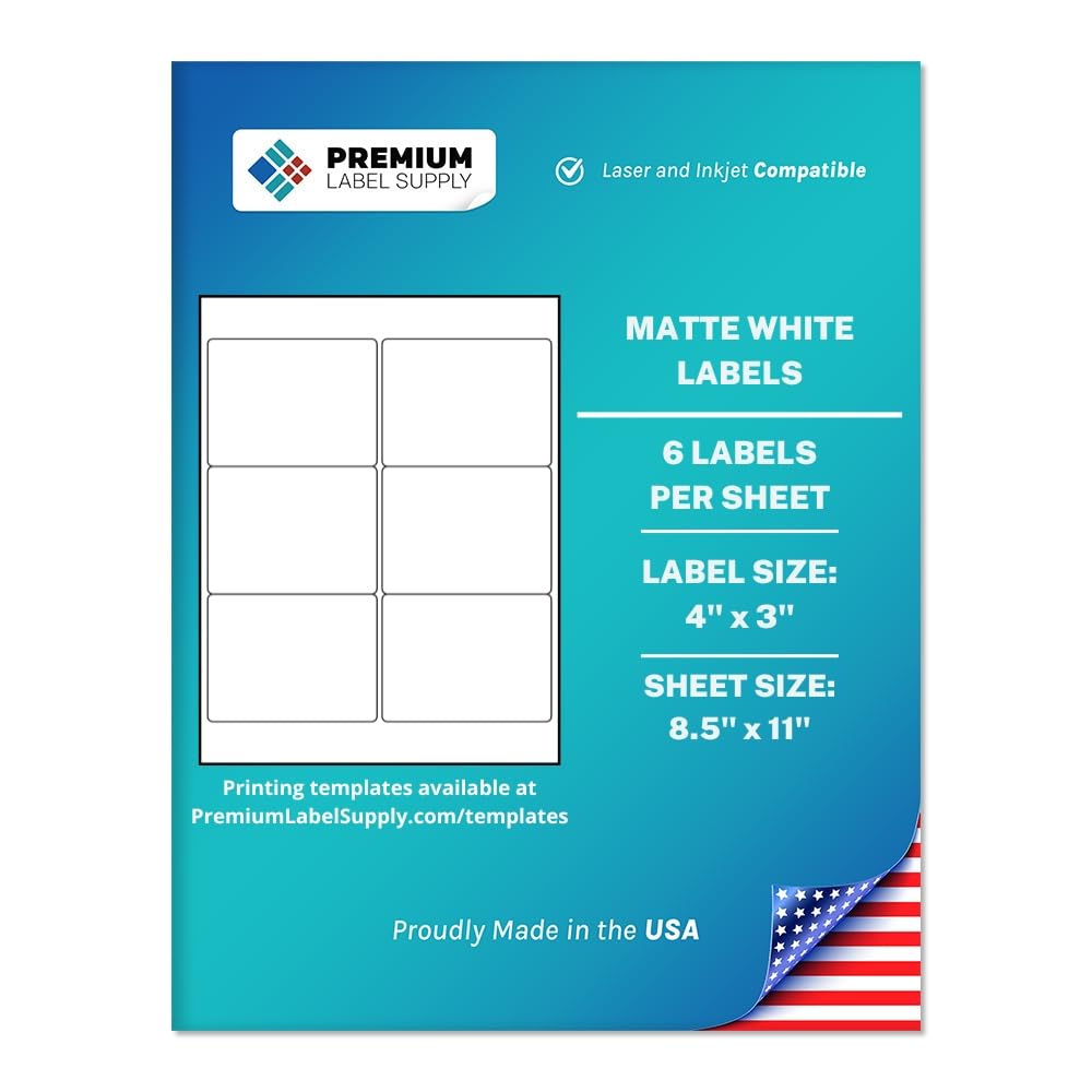 Premium Label Supply White Sticker Labels – 4" x 3" – Laser/Inkjet Compatible – (6 per Sheet), 25 Sheets – 150 Total Adhesive Labels