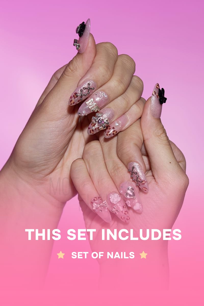 Gyaru Glam Leopard Print Press-On Nails – Kawaii Cosplay Nails with Glitter, Bows & Charms - Costume Accessory (Gyaru, M)