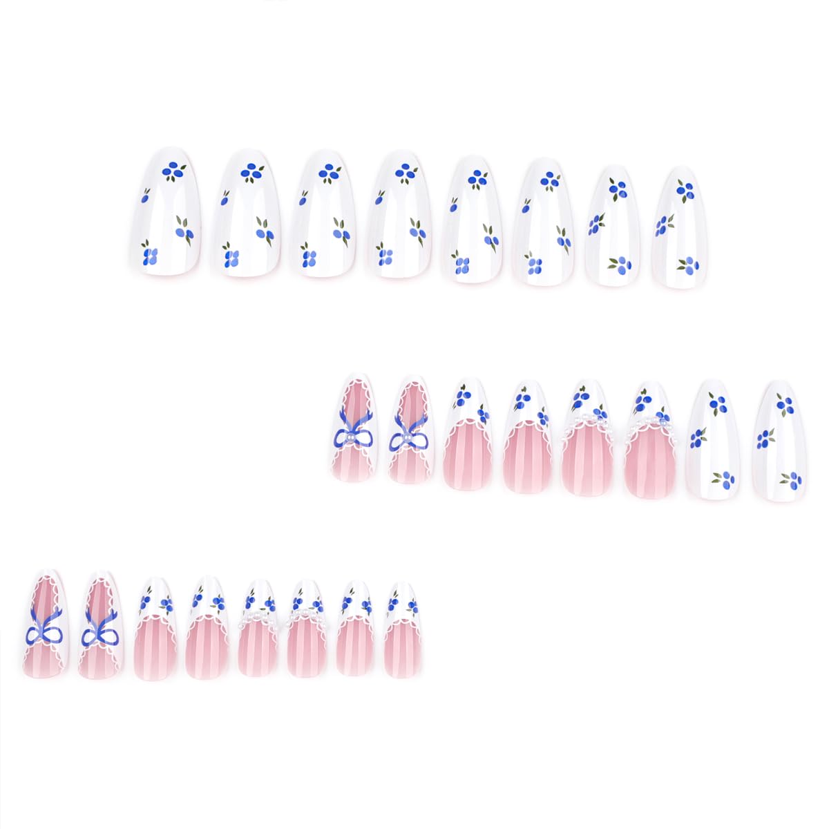 Press On Nails Medium Almond Shape – 24PCS Blue Bow French Tip Fake Nails with Pearl Accents, Floral Lace Design, Reusable Medium Length False Nails for Women, DIY Manicure