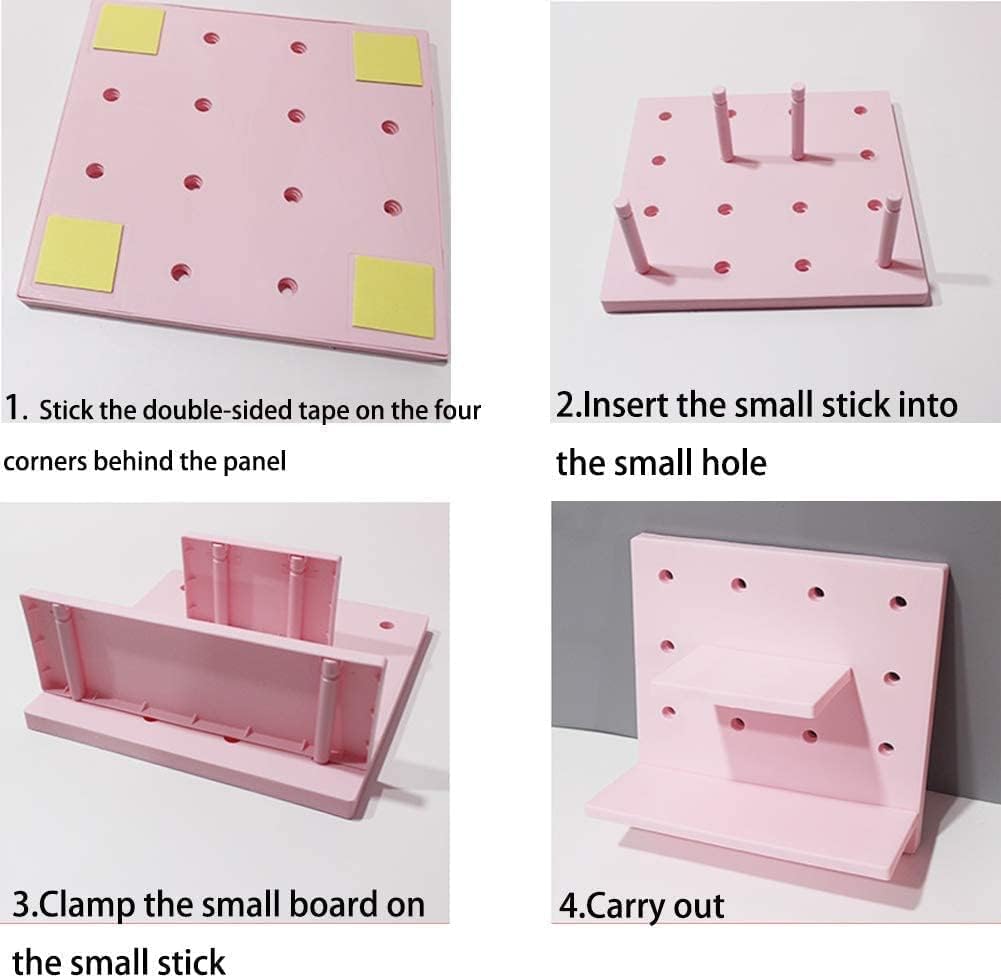 HGYZE Peg Boards for Wall with Shelf & Hooks, No Punching Craft Storage, Small Pegboard Ledges Organizer for Hanging Keychains, 4 Pack Decorative Wall Panel Kits for Blindboxes Lightweight Dolls, Pink