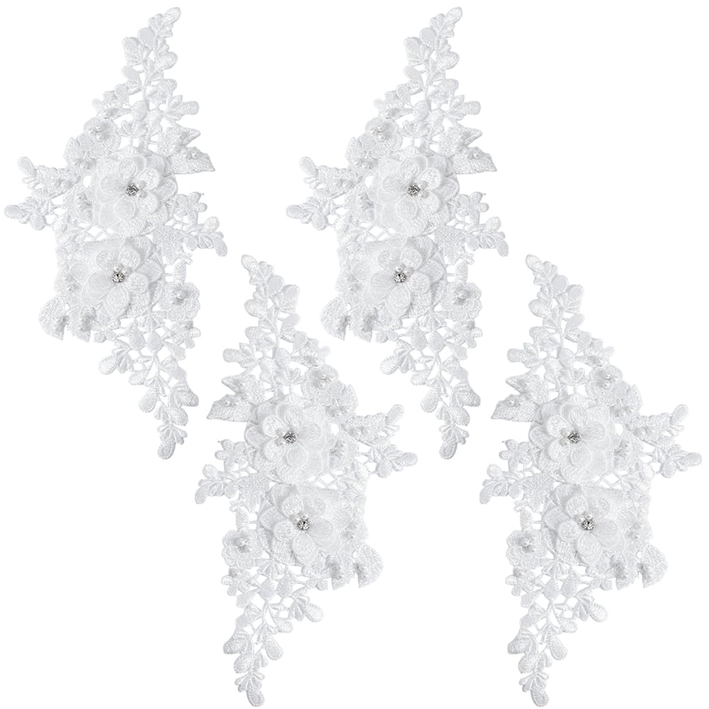 CABODYALS 4Pcs Beaded Lace Appliques White Pearl 3D Flower Crystal Applique Polyester Embroidery Floral Rhinestone Sew on Patches for Sewing Making Dresses Clothes Wedding Gown Headpiece DIY Supply