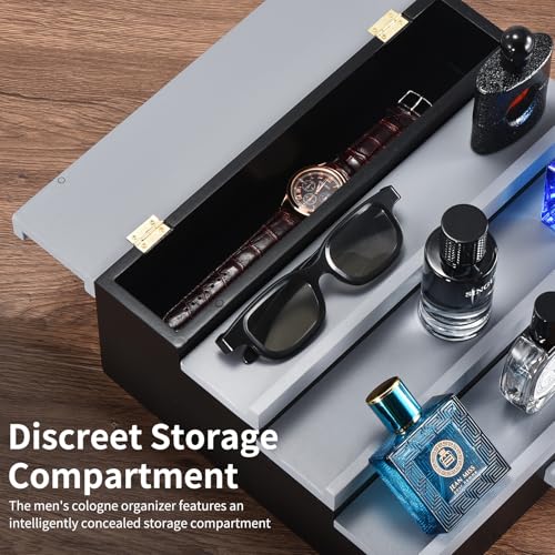 Perfume Organizer for Men, 4 Tier Wood Perfume Display Stand with Velvet Lining Drawer and Hidden Compartment for Watch,Jewelry,Perfume Display Risers,A Gift for Men (Black+Gray) - style: 4 Tier - BlackGrey