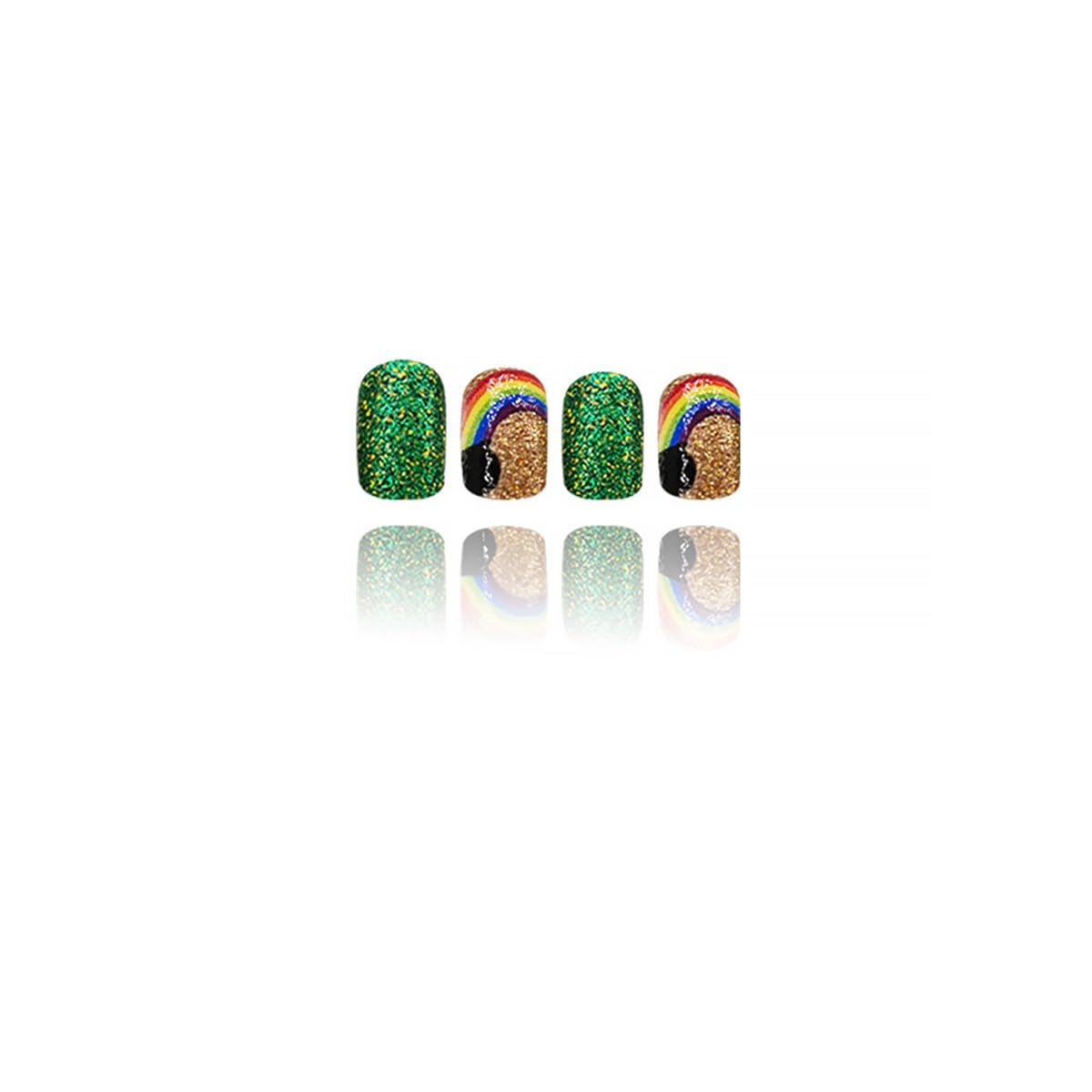 24Pcs St. Patrick's Day Press on Nails Short Square Fake Nails Gold Green Glitter Full Cover Artificial Glue on Nails with Rainbow Coin False Nails Irish Stick on Nails for Women DIY Nail Supplies