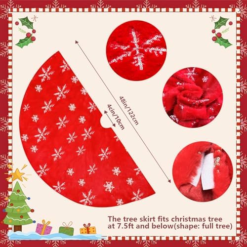 Christmas Tree Skirt, 48 Inch Red Luxury Faux Fur & Silver Sequin Snowflakes, 4ft Xmas Tree Skirt for Holiday Tree Ornaments Christmas Party Home Decorations