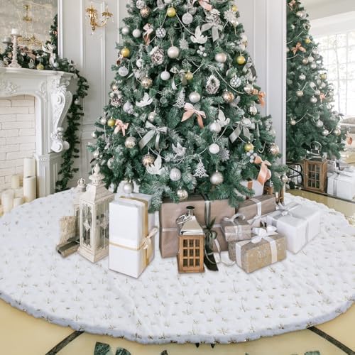 Libima 84 Inches Large Christmas Tree Skirt Faux Fur Xmas Tree Skirt White Plush Velvet with Gold Sequins Snowflakes for Xmas Decorations Merry Christmas Party Winter Home Holiday Ornaments