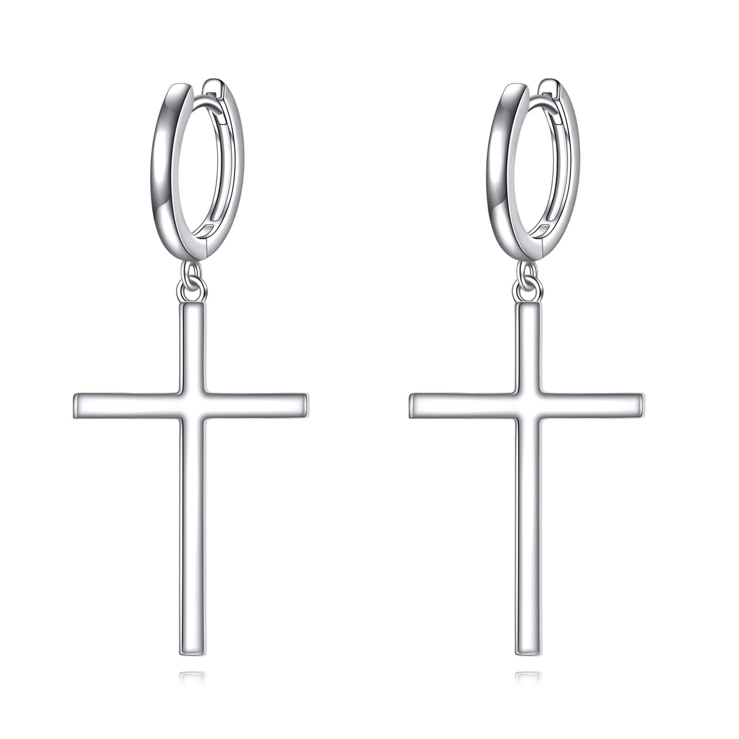 Hanging Cross Hoop Earrings Sterling Silver Large Cross Dangle Earrings Religious Jewelry for Women Men