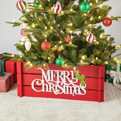Glitzhome Wooden Crate Tree Collar, Christmas Tree Base Cover, 27" L Red Merry Christmas Farmhouse Christmas Tree Collar for 9ft Tree