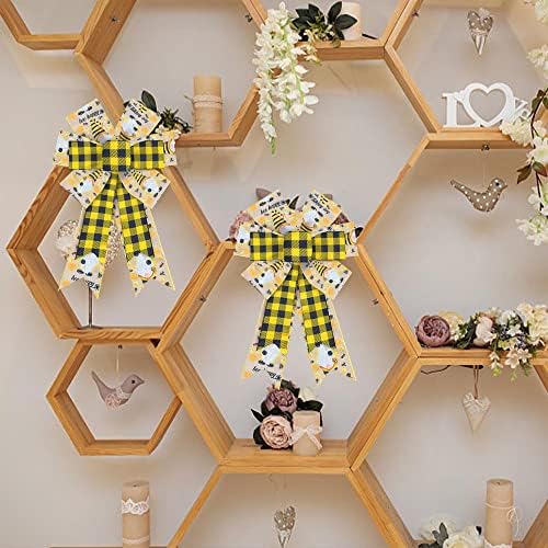 Hying 2PCS Spring Bee Bow for Wreath, Yellow Bumble Bee Wreath Bow Gnome Yellow Buffalo Plaid Bows for Front Door Indoor Outdoor Tree Topper Decoration Supplies Ornament