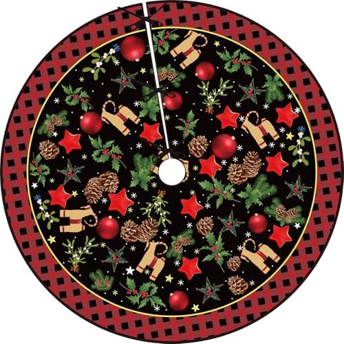 Yule Christmas Tree Skirt 48 Inch Pagan Christmas Tree Mat with Scandinavian Straw Goat Julbock Mistletoe Happy New Year Winter Xmas Tree Decor Christmas Party Decorations