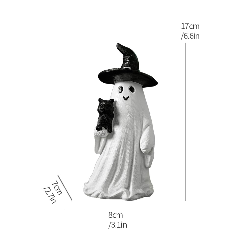 HARUHI Adorable Spooky Ghost Statue Figurine Cute Halloween Decor for Desk Shelf Home & Garden Decoration（Ghost with Cat）