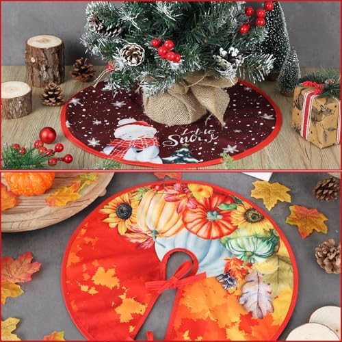 15 Inch Mini Fall Tree Skirt Reversible Thanksgiving/Christmas Double Sided Print Mat for Home Tabletop Trees Holiday Decoration