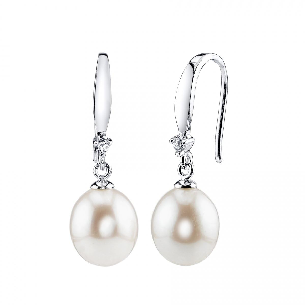The Pearl Source Real Pearl Dangle Earrings for Women with Genuine AAAA Quality White Freshwater Cultured Pearls | 14K Gold Plated 925 Sterling Silver Earrings