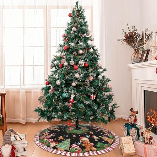 Gingerbread Man Black Christmas Tree Skirt 36 Inch Xmas Tree Mat Party Decor Supplies for Holiday Home Decorations